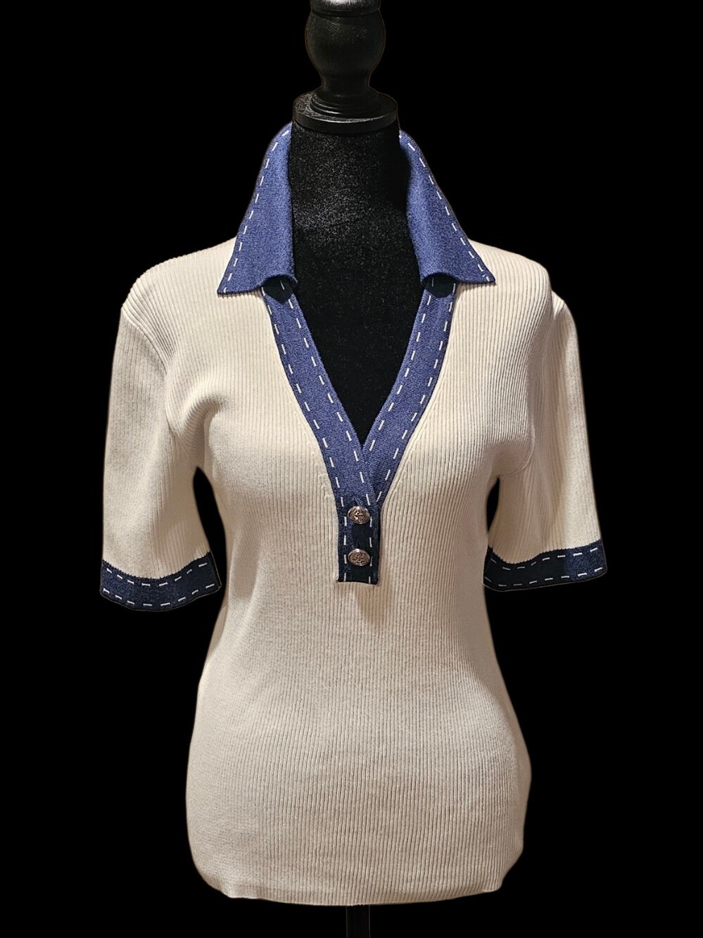 FREE SHIPPING!!  Karl Lagerfeld Cream and Navy Ribbed Polo Sweater